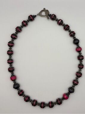 Black and Hot Pink Striped Paper Bead Necklace - Women Jewelry
